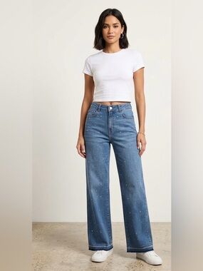 ADL High Rise Rhinestone Embellished Wide Leg Raw Hem Jeans Womens Size Small